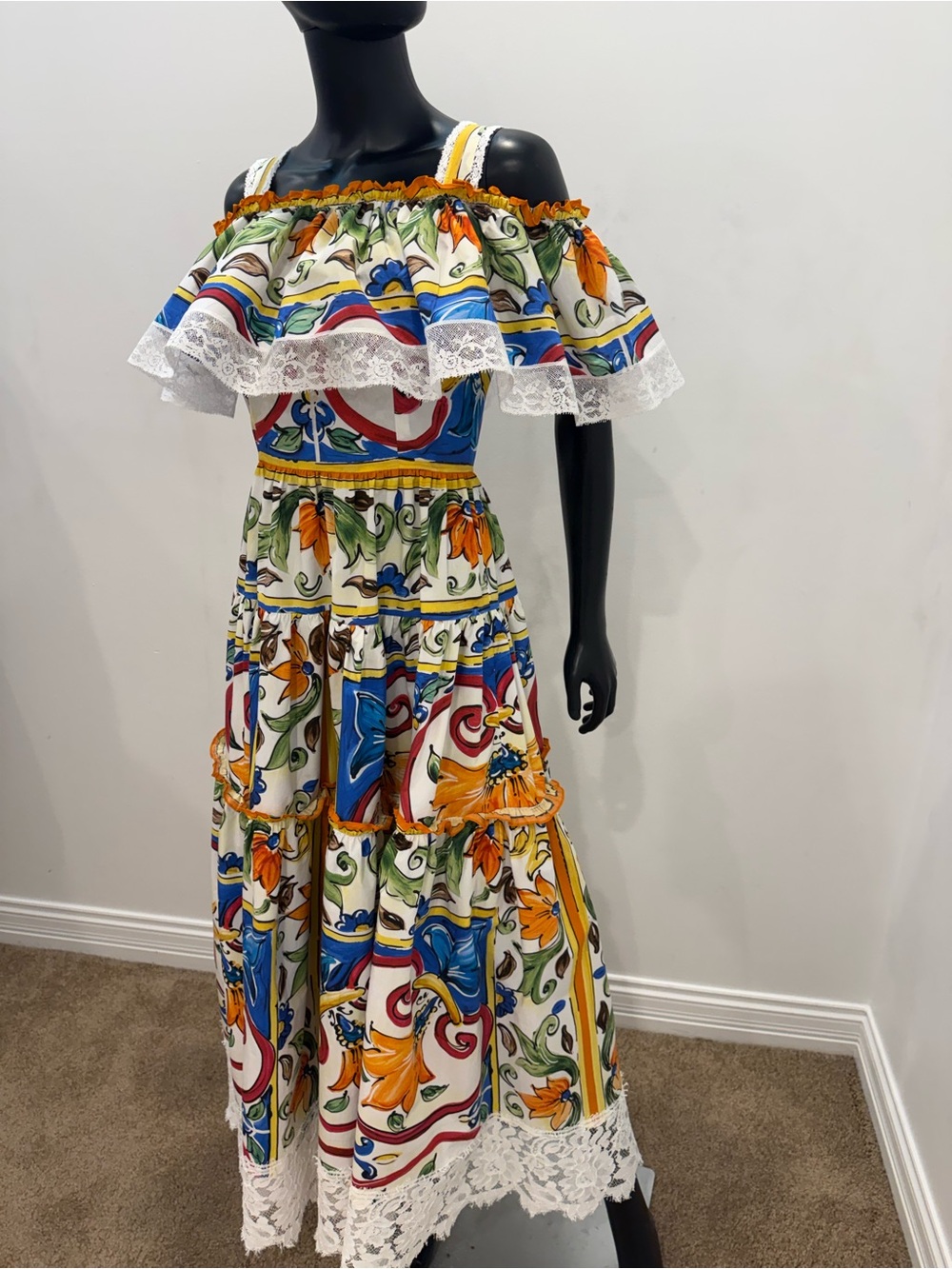 Dolce & Gabbana Sicily Majolica Off Shoulder Cotton Lace Maxi Dress IT 42 US 6 - Picture 4 of 16
